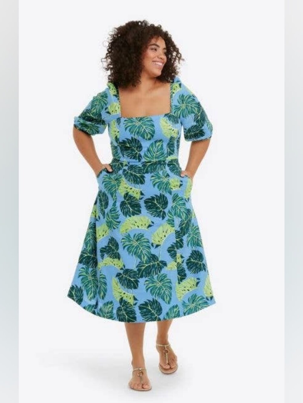 Draper James Blue Tropical Leaf Puff-Sleeve Midi Dress